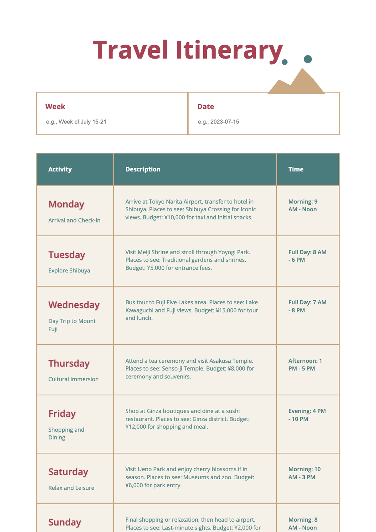 Travel itinerary template with mountain graphic and daily budget sections_variant_3
